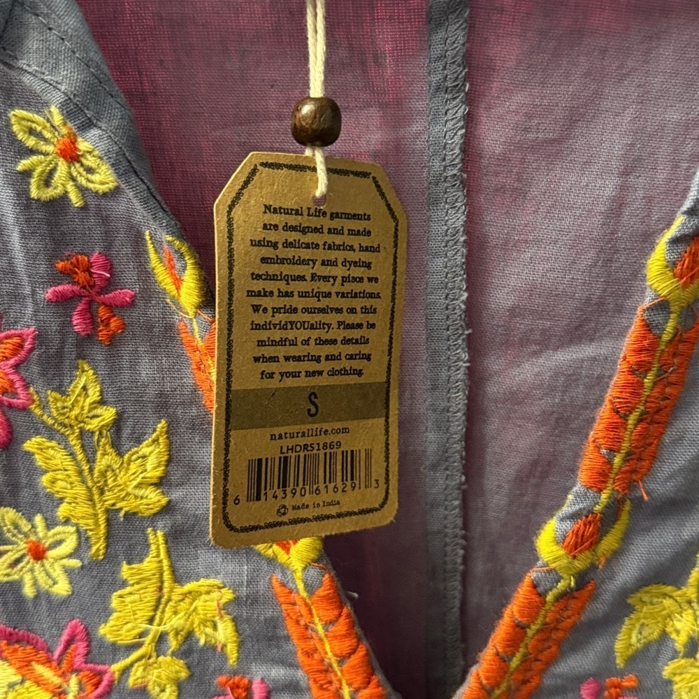 Natural Life Mini Dress Blue/Gray Sz S Boho Cottage Core Cotton Embroidered NWT - Picture 7 of 8